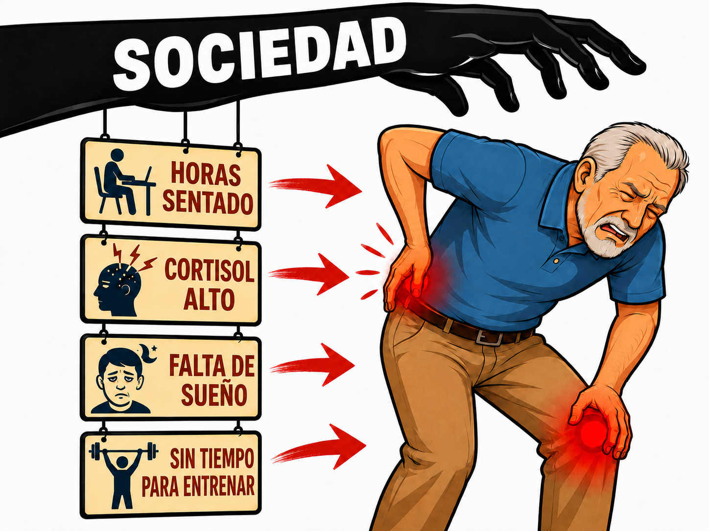 Ilustración que muestra cómo la sociedad sedentaria moderna bloquea el cuerpo como a una marioneta, resaltando los glúteos dormidos